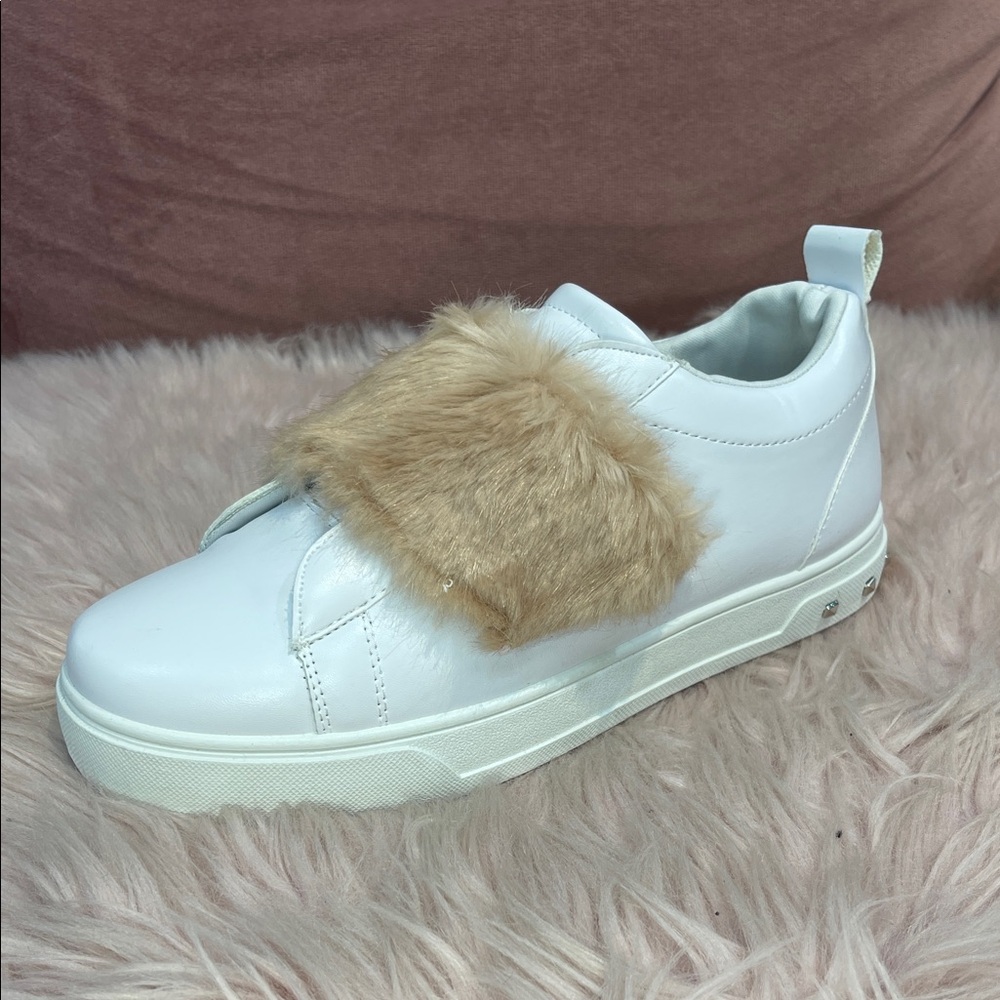 Women's White and Tan Fur-Accent Sneakers